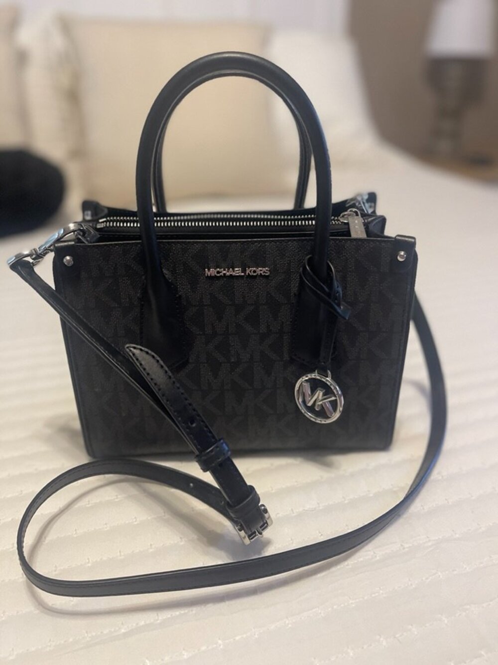 Michael Kors Maple Smoke & Black Satchel XBody with MK Signature & Bag Charm